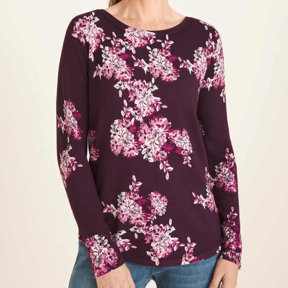 Chico's Floral Bateau-Neck Pullover Sweater Long-Sleeve